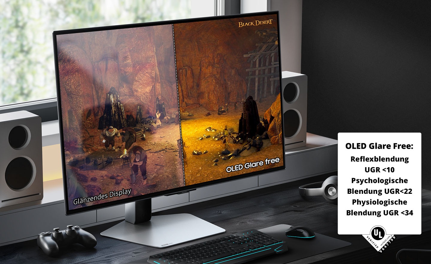 OLED-Monitor mit Darstellung eines Spiels. Die rechte Seite ist als 'OLED Glare Free' klarer und weniger reflektierend als die linke.