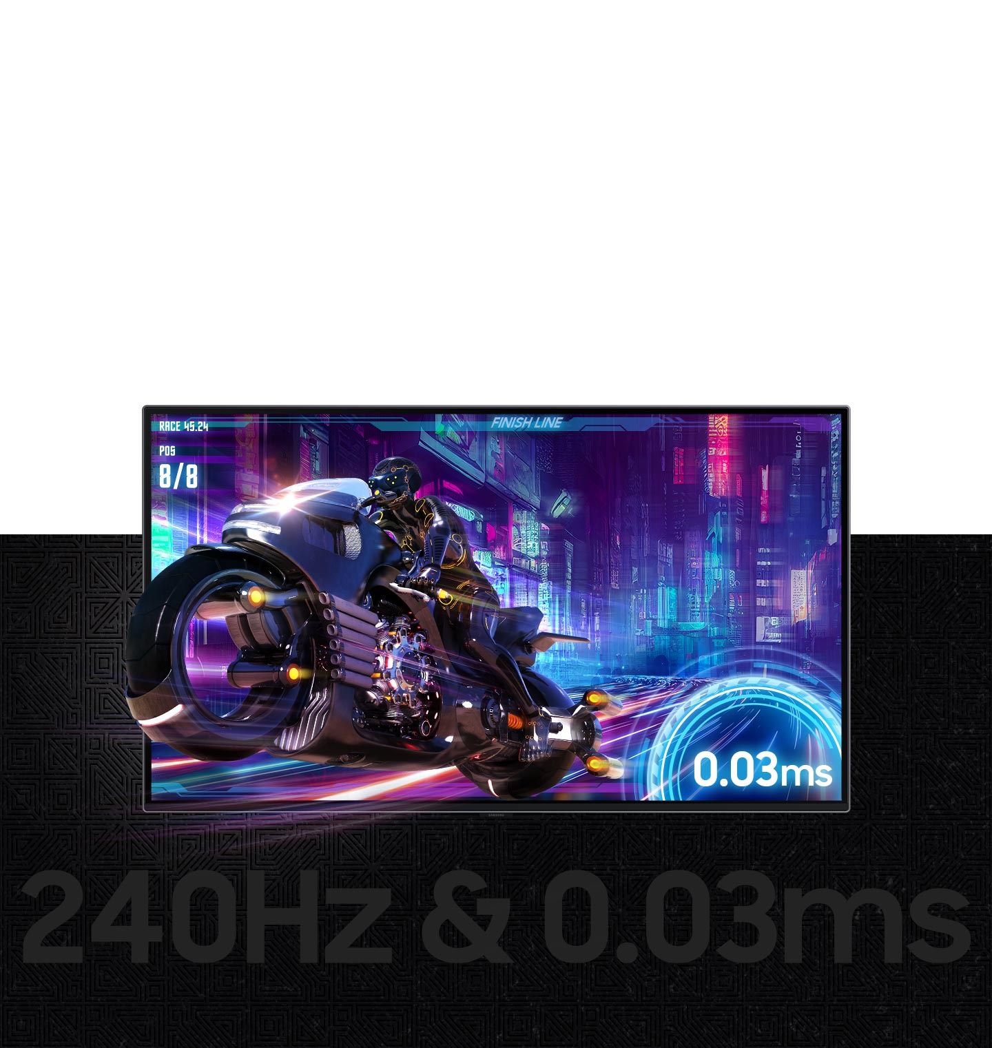 Motorrad rast aus dem Bildschirm. Text auf dem Monitor zeigt '240Hz & 0.03ms'.