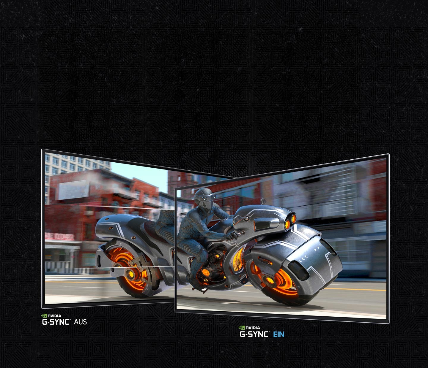 Links: FreeSync aus, Darstellung mit Ruckeln. Rechts: FreeSync an, klare Darstellung.