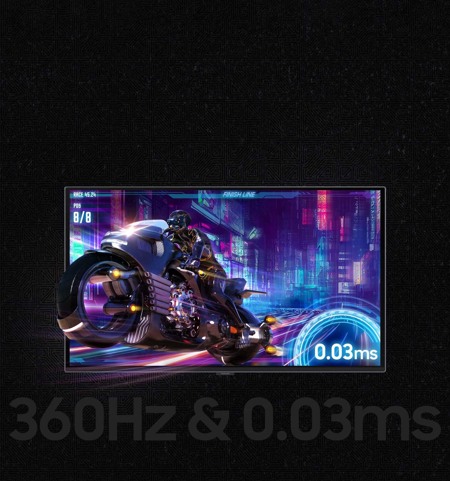 A futuristic motorcycle is coming out of a screen. ON the screen, a refresh rate of .03ms is labeled. Below the screen, it reads "360Hz & 0.03ms".