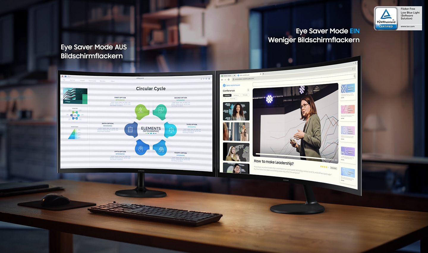 There are two monitors, and the left one flickers and emits blue light since the Eye Saver Mode is off. The right one is less flickering and does not emit blue light as its Eye Saver Mode is on. Above them, there is a TUV certification logo.