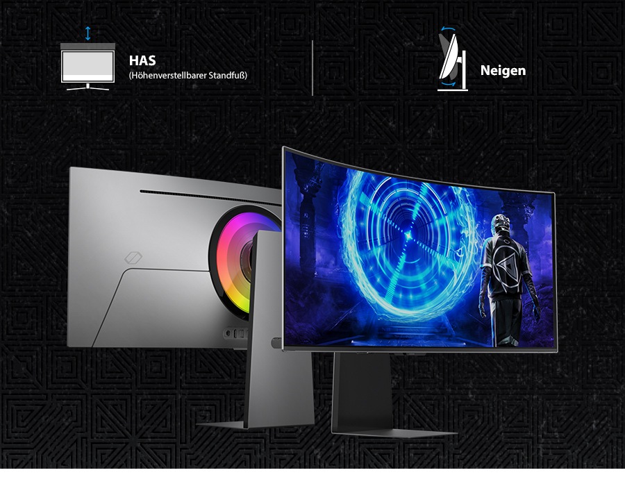 Vorder- und Rückansicht des Odyssey-Monitors. Icons zeigen Höhenverstellung (HAS) und Neigefunktion.
