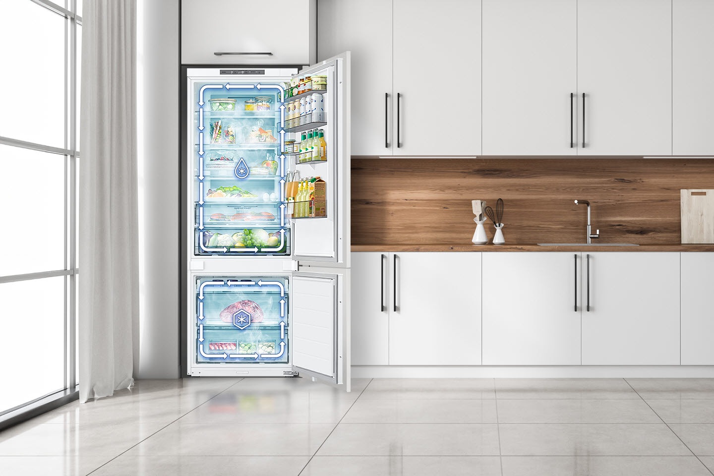 Arrows indicate that the top of the RB6500D is refrigerated and the bottom is frozen.