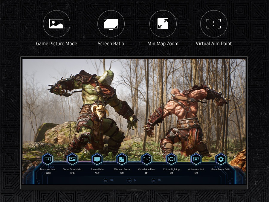 At the bottom of the screen is a toolbar showing eight icons, demonstrating the Game Bar feature. And there are four icons above the monitor, each for Game Picture Mode, Screen Ratio, MiniMap Zoom, and Virtual Aim Point.