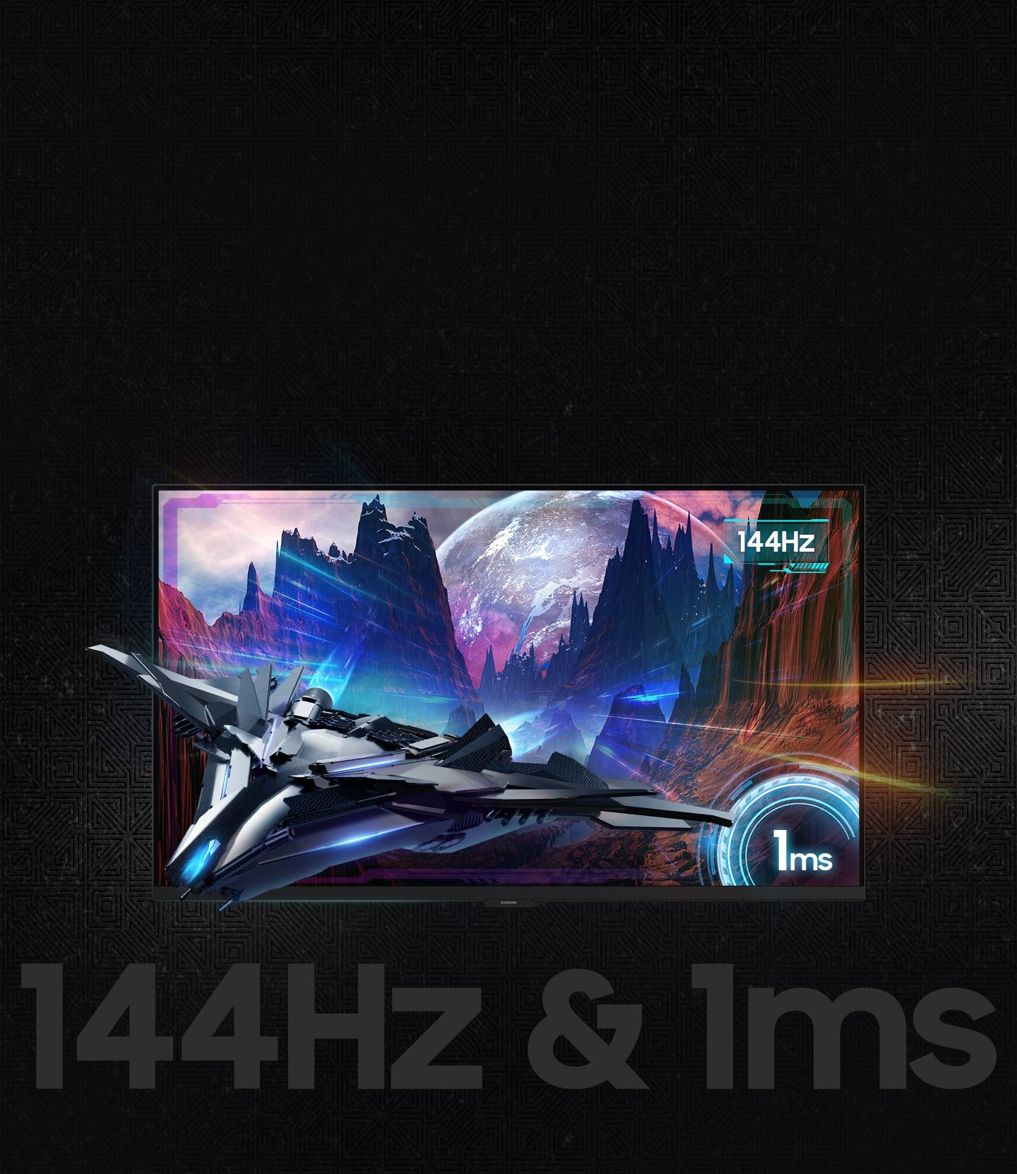 On the monitor screen, a spaceship races out of a monitor, away from a futuristic landscape.