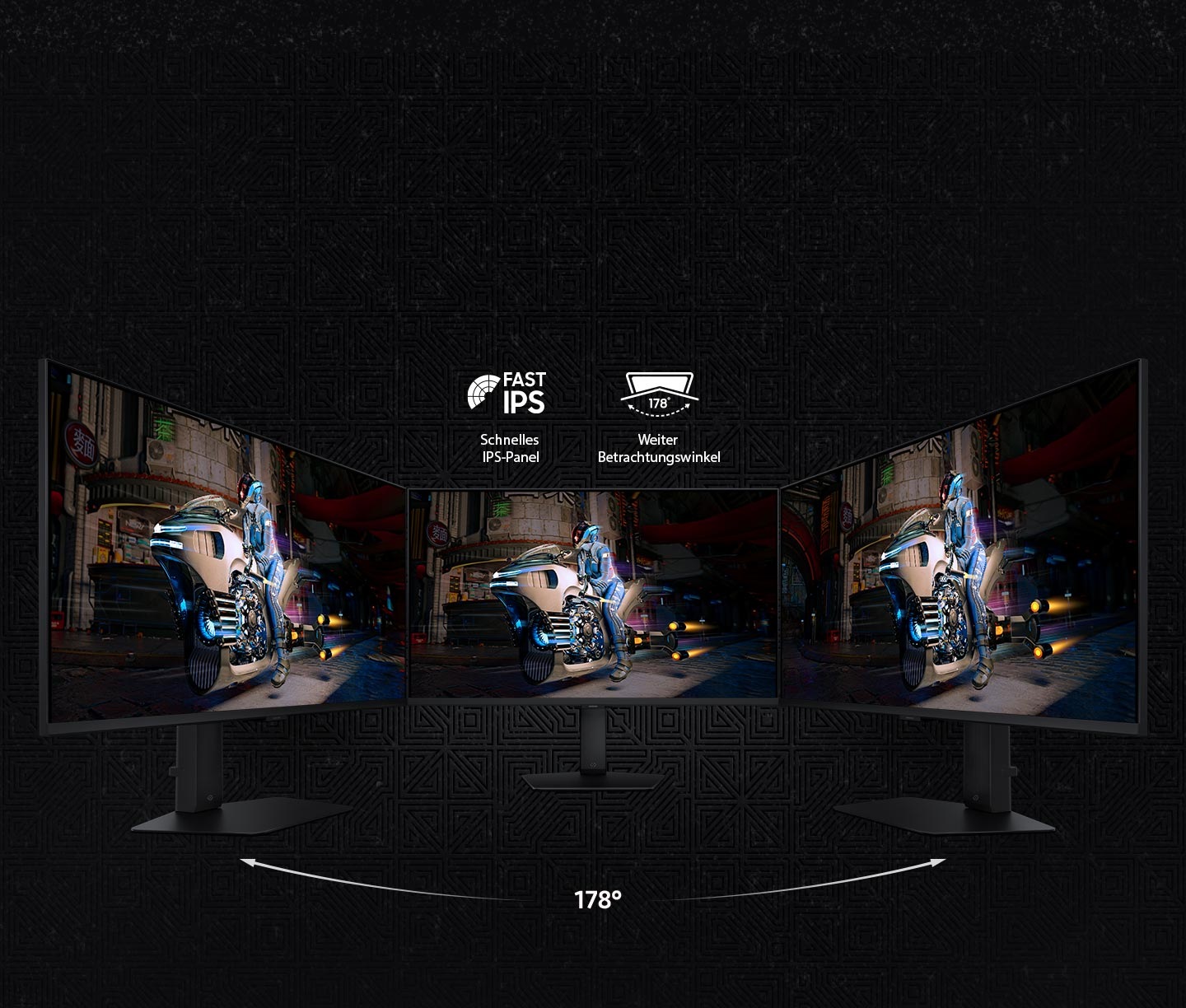 There are three Odyssey G7 in a row, all showing clear screens. And there are Fast IPS Panel and wide angle viewing icon on top.