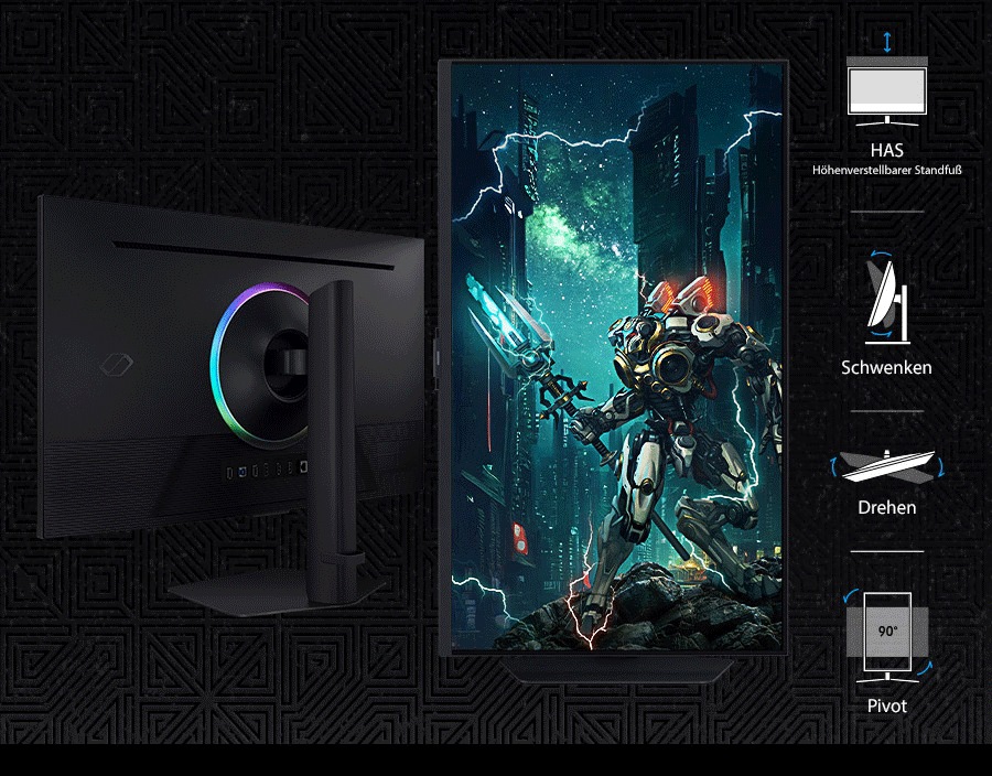 There are two Odyssey G7 with a futuristic robot on screen. One if them is in a pivot mode, while the other is facing the backside. Next to them, the ergonomic options are listed: HAS (height adjustable stand), Tilt, Swivel, and Pivot(90°).