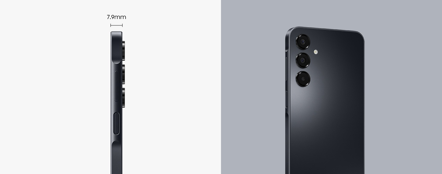 Seitenansicht eines Galaxy A16 in Black, die sein schlankes Profil mit einer Tiefe von nur 7,9 mm hervorhebt. 
