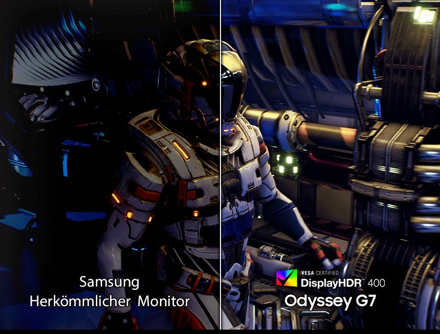 Two images are being compared. For Samsung Conventional Monitor on the left, the image looks blury. For the Odyssey G7 on the right which is VESA DisplayHDR 400 certified, the image looks sharper and clearer.
