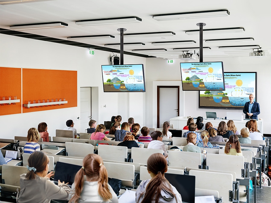 In a large classroom filled with students, a central 75-inch WAF display mirrors its educational content onto smaller ceiling-mounted screens, ensuring visibility for all through HDMI connectivity.