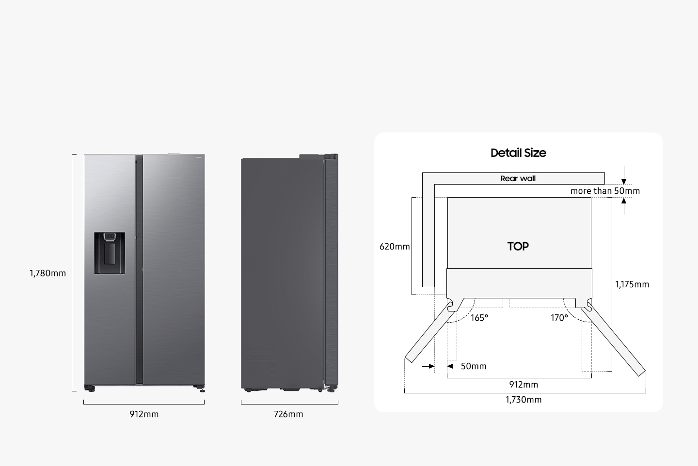 Der Kühlschrank ist einschließlich Scharnier 1.780 mm hoch, 912 mm breit und 726 mm tief. Die detaillierten Maße für den Einbau werden in der TOP-Ansicht erläutert. Ohne die Tür beträgt die Tiefe 610 mm. Die beiden Türen können maximal 165 Grad geöffnet werden. Wenn beide Türen maximal geöffnet sind, beträgt die Gesamtbreite 1.726 mm. Wenn beide Türen um 90 Grad geöffnet sind, beträgt die Gesamttiefe 1.165 mm. Bei der Installation benötigt der Kühlschrank mehr als 50 mm Platz an der Rückwand und 29 mm Platz an den Seitenwänden.