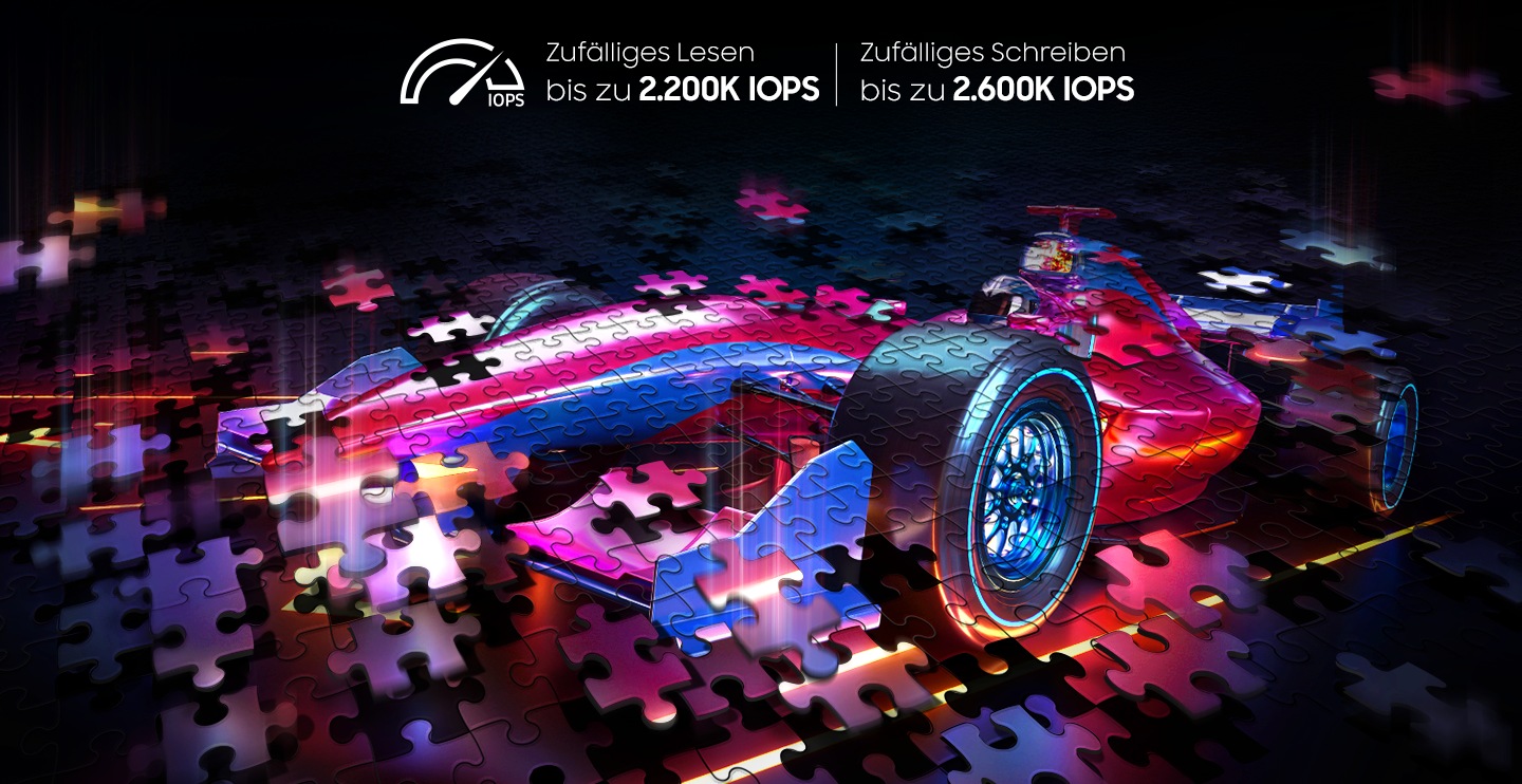 Several puzzle pieces fit together. Text: "Random read up to 2,200K IOPS" and "Random write up to 2,600K IOPS." Along with an icon indicating the random speed.