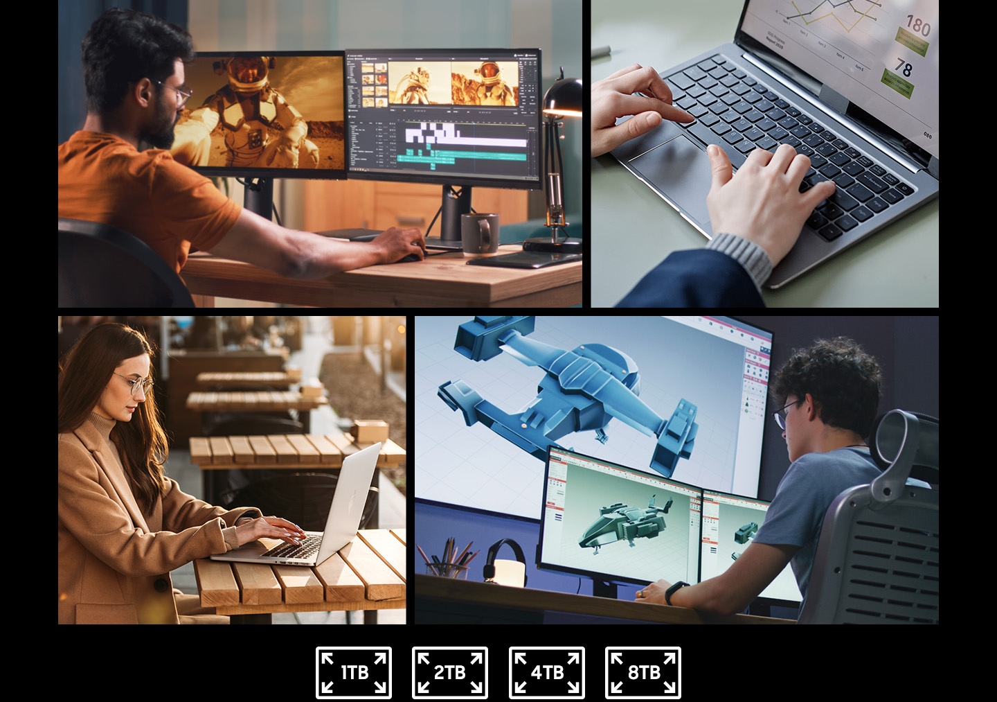 Multiple use cases of desktop PC, RAID tower PC, and RAID tower. Icons labeled 1 TB, 2 TB, 4 TB, and 8 TB are listed below.