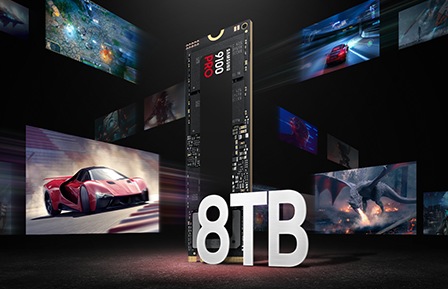 Various gaming displays are arranged around the 9100 PRO. The text "8 TB" is centered.