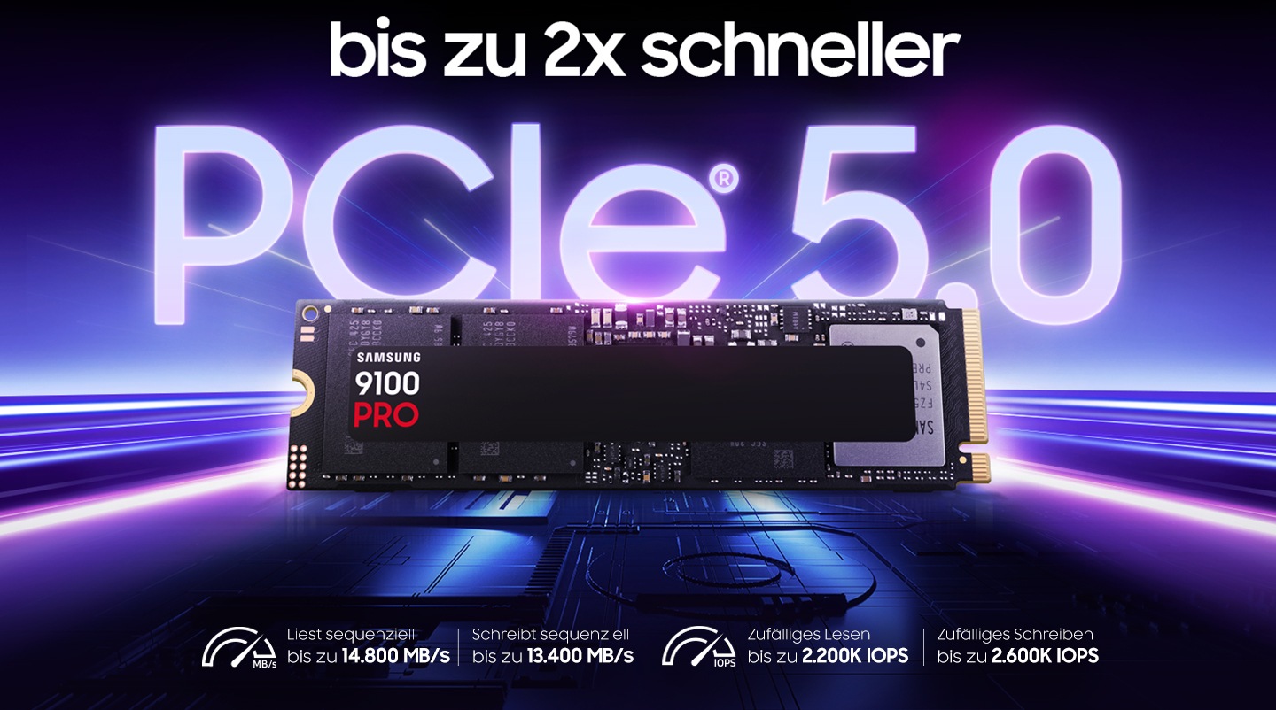 The 9100 PRO says "up to 2x faster" and "PCIe® 5.0." Below that, it says "Sequential Read up to 14,800 MB/s" and "Sequential Write up to 13,400 MB/s" with icons indicating sequential speed, and "Random Read up to 2,200K IOPS" and "Random Write up to 2,600K IOPS" with icons indicating random speed.