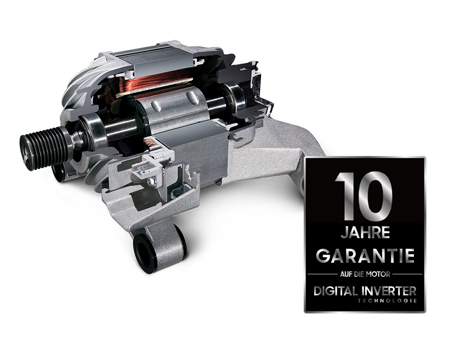 Die Waschmaschine hat 10 Jahre Garantie auf den Motor mit digitaler Invertertechnologie.