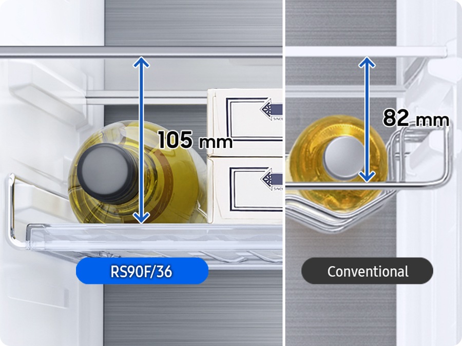 Comparativ cu modelul convențional cu înălțimea de 82 mm, raftul pentru vinuri cu înălțimea de 105 mm al modelului RS90F/36 permite depozitarea sticlelor mai mari și a alimentelor.