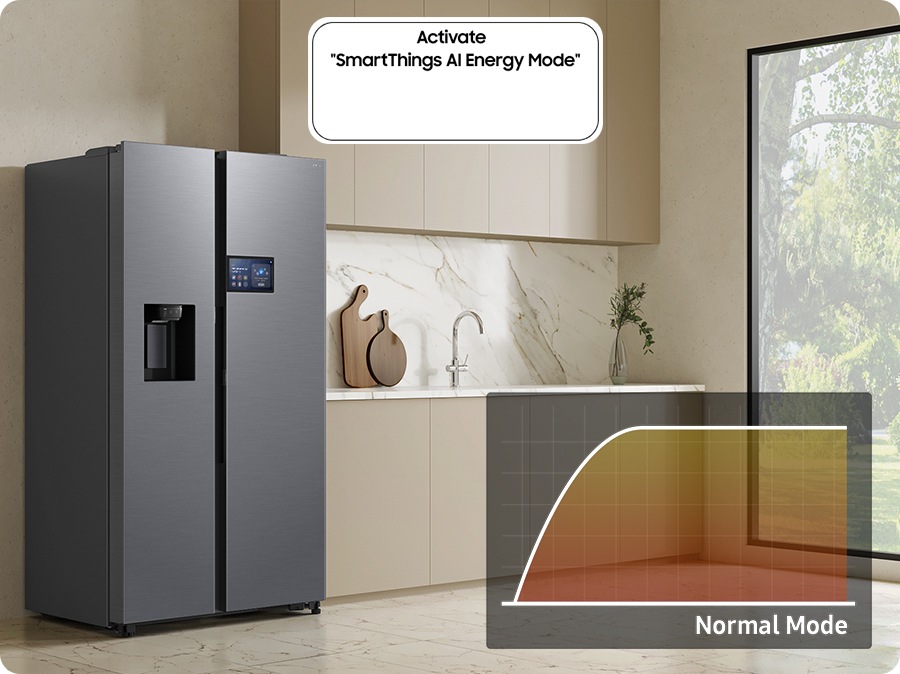 Frigiderul instalat în bucătărie cu butonul „Activare mod energie SmartThings AI” dezactivat. Un grafic arată consumul de energie în modul normal.