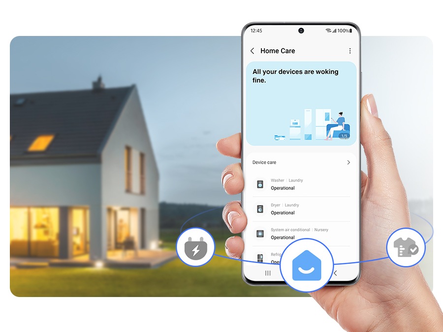 Eine Person benutzt das SmartThings Home Care und kümmert sich um die Bedienung des Gerätes.