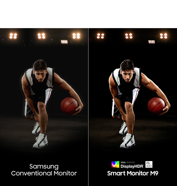 Der Smart Monitor M9 zeigt ein klareres Bild eines dribbelnden Basketballspielers als ein herkömmlicher Samsung Monitor. VESA-zertifiziertes DisplayHDR True Black 400-Logo.