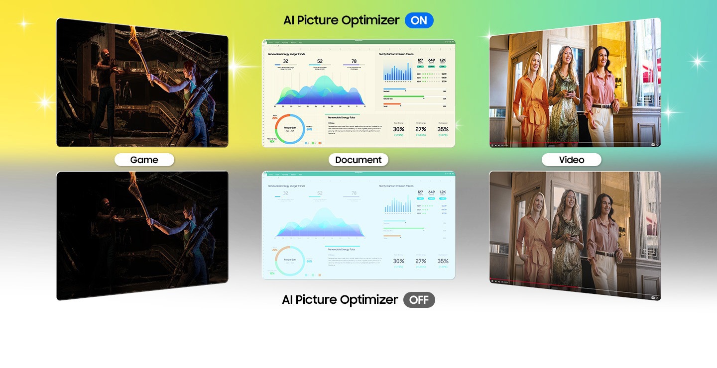AI Picture Optimizer ON zeigt Spiele, Dokumente und Videos klarer an als AI Picture Optimizer OFF.