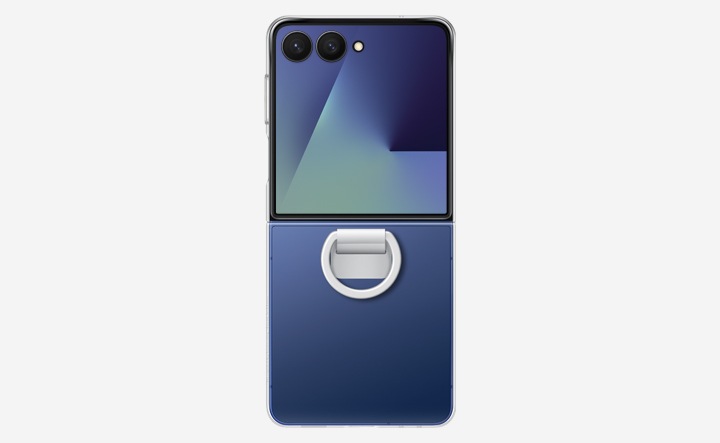 Rear view of an unfolded Galaxy Z Flip7 in Blue Shadow with the Clear Ring Case attached.