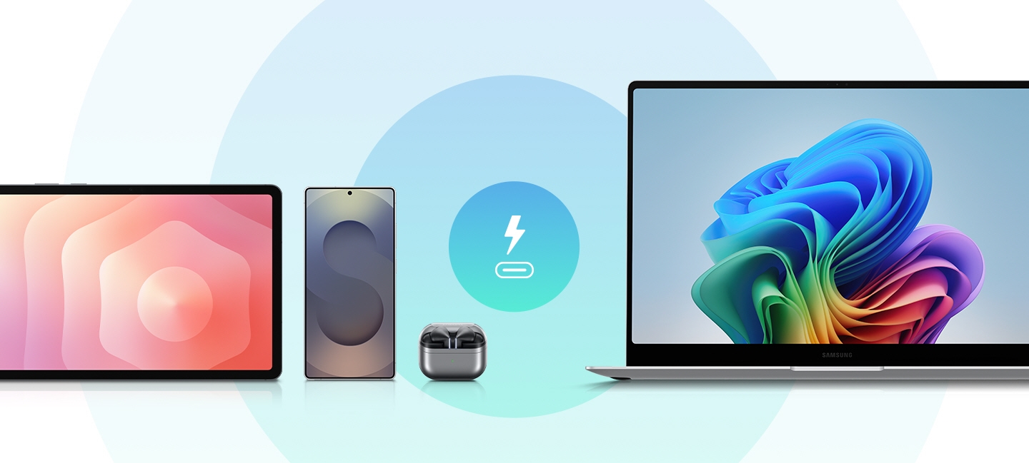 Galaxy Tab, Galaxy Smartphone, Galaxy Buds и Galaxy Book са подредени един до друг, с икона на USB-C порт за зареждане в средата.