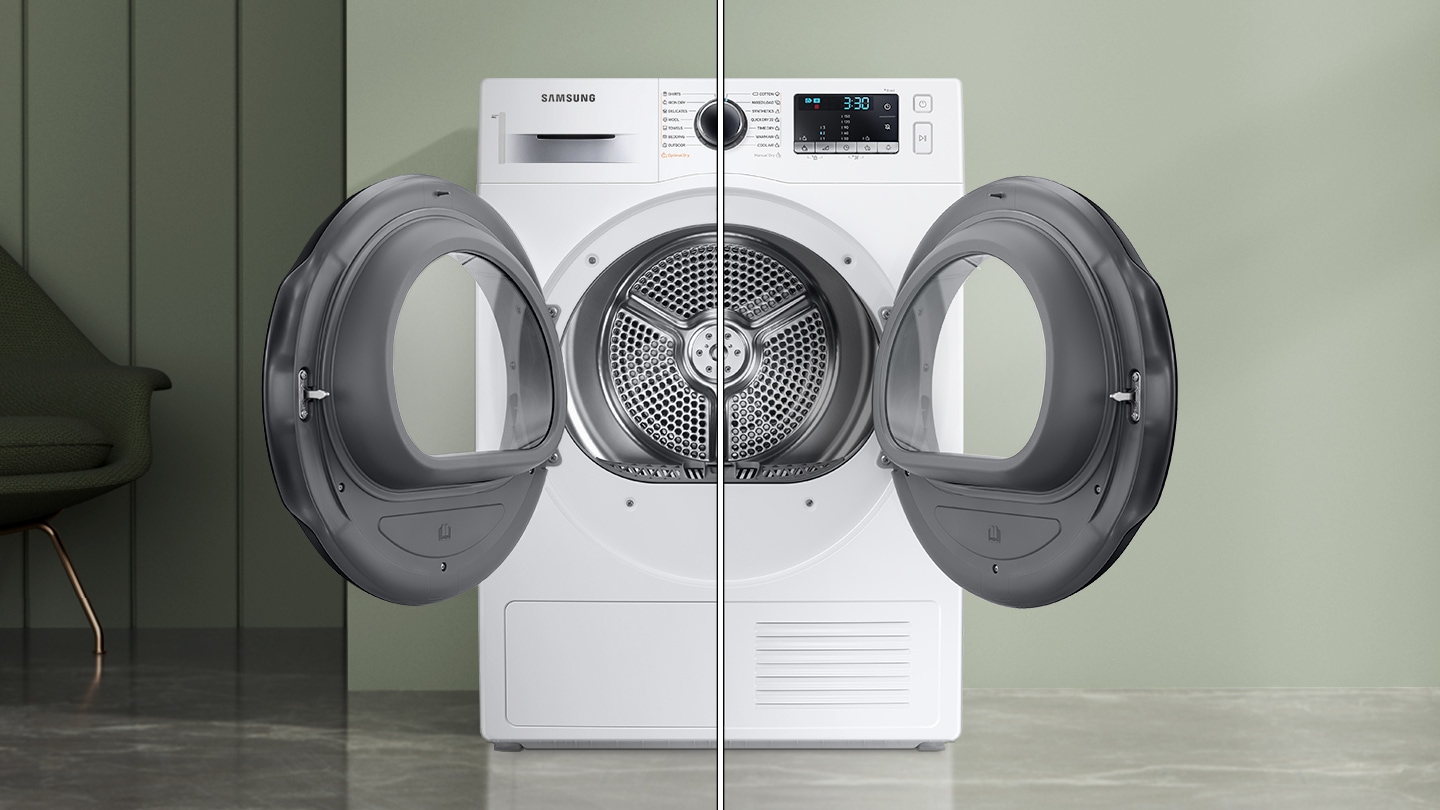 DV5000T dryer with doors opened to both sides shows the reversible feature at a glance.