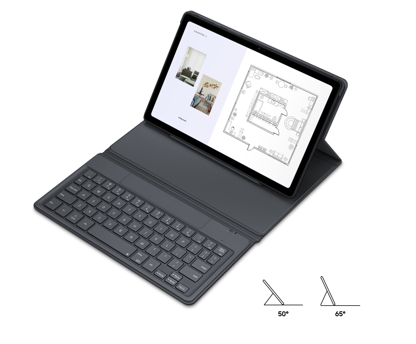 An opened Galaxy Tab A7's  book cover and bluetooth keyboard are fully attached. Also 50 and 65 degree icons are showing.