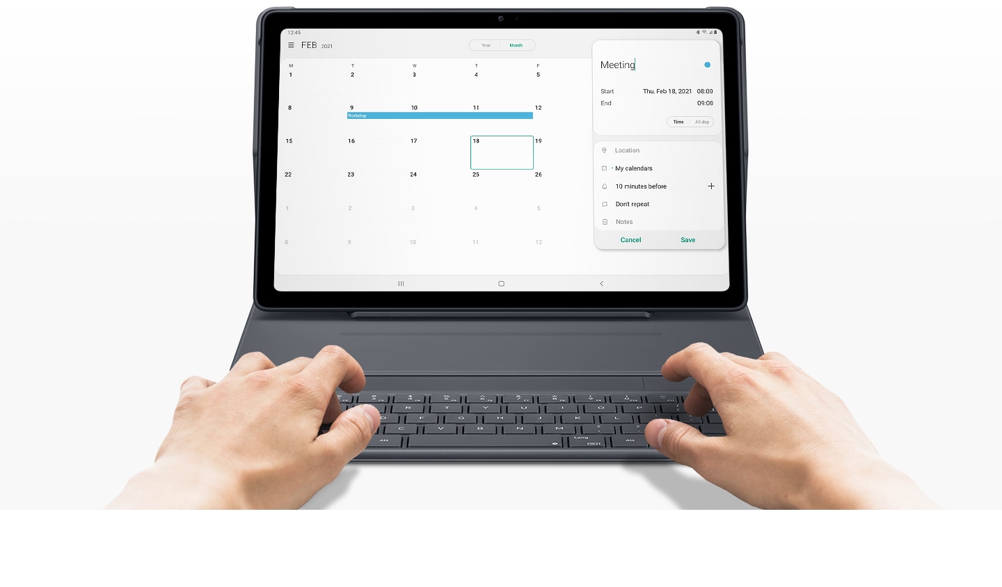 A tablet screen editing a meeting in the calendar and a hand typing on the QWERTY keyboard are shown.