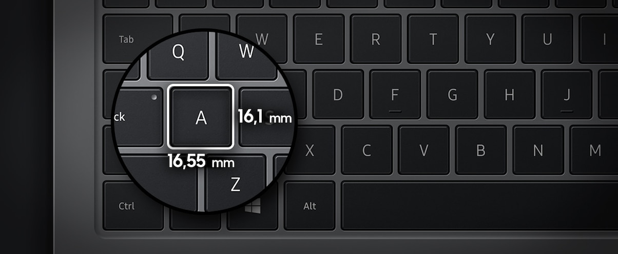Black keyboard is seen with its 16.1mm by 16.55mm keycaps zoomed in to represent its roomy but slim and compact frame