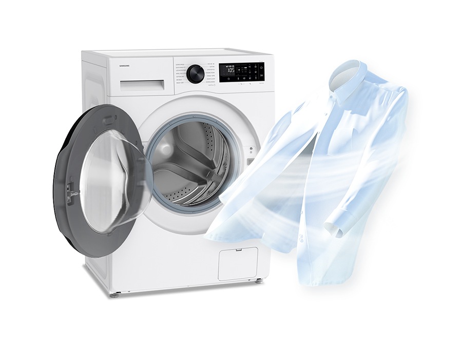 The door of the washing machine is open and air stream is surrounding shirts.