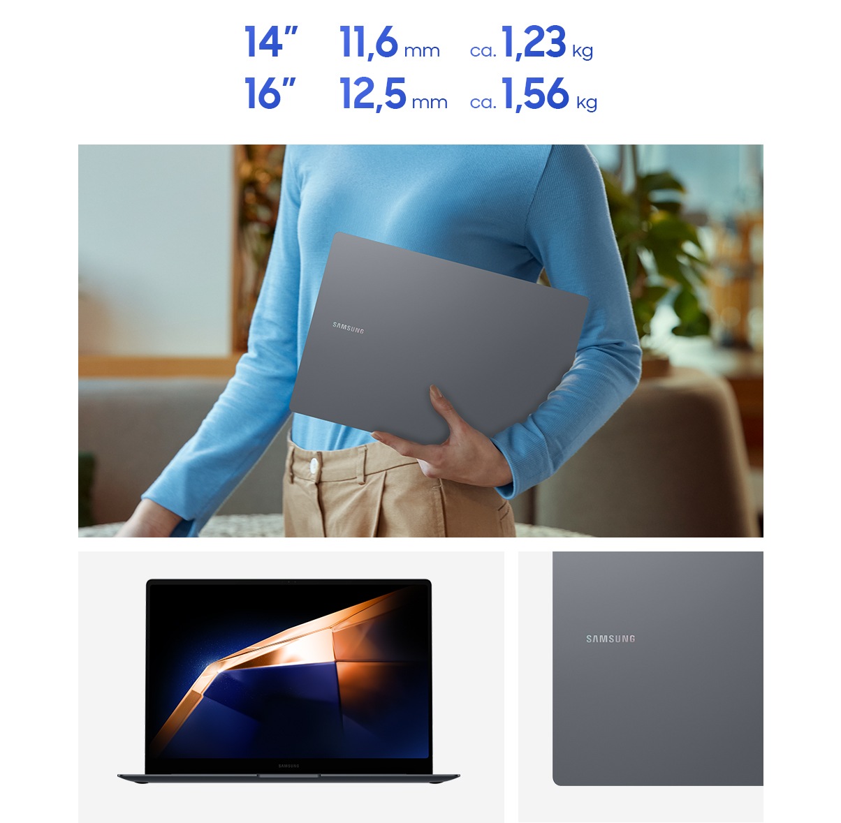 Eine Frau geht spazieren und hält das Galaxy Book4 Pro in Moonstone Gray unter ihrem Arm. Eine Vorderansicht des Galaxy Book4 Pro in Moonstone Gray, geöffnet und nach vorne gerichtet, mit einem dunklen Hintergrundbild auf dem Bildschirm. Eine Nahaufnahme des Samsung-Logos auf dem Cover eines Galaxy Book4 Pro in Moonstone Gray. Das 14-Zoll-Galaxy Book4 Pro ist 11,6 mm tief und wiegt 1,23 kg. Das 16-Zoll-Galaxy Book4 Pro hat eine Tiefe von 12,5 mm und wiegt 1,56 kg.