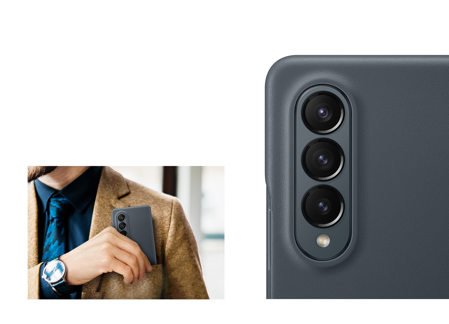 Links ist ein Mann zu sehen, der sein Galaxy Z Fold4 im Leather Cover in Graygreen in die Brusttasche seiner Jacke steckt. Rechts wird die Rückseite des Galaxy Z Fold4 im Leather Cover in Graygreen gezeigt.