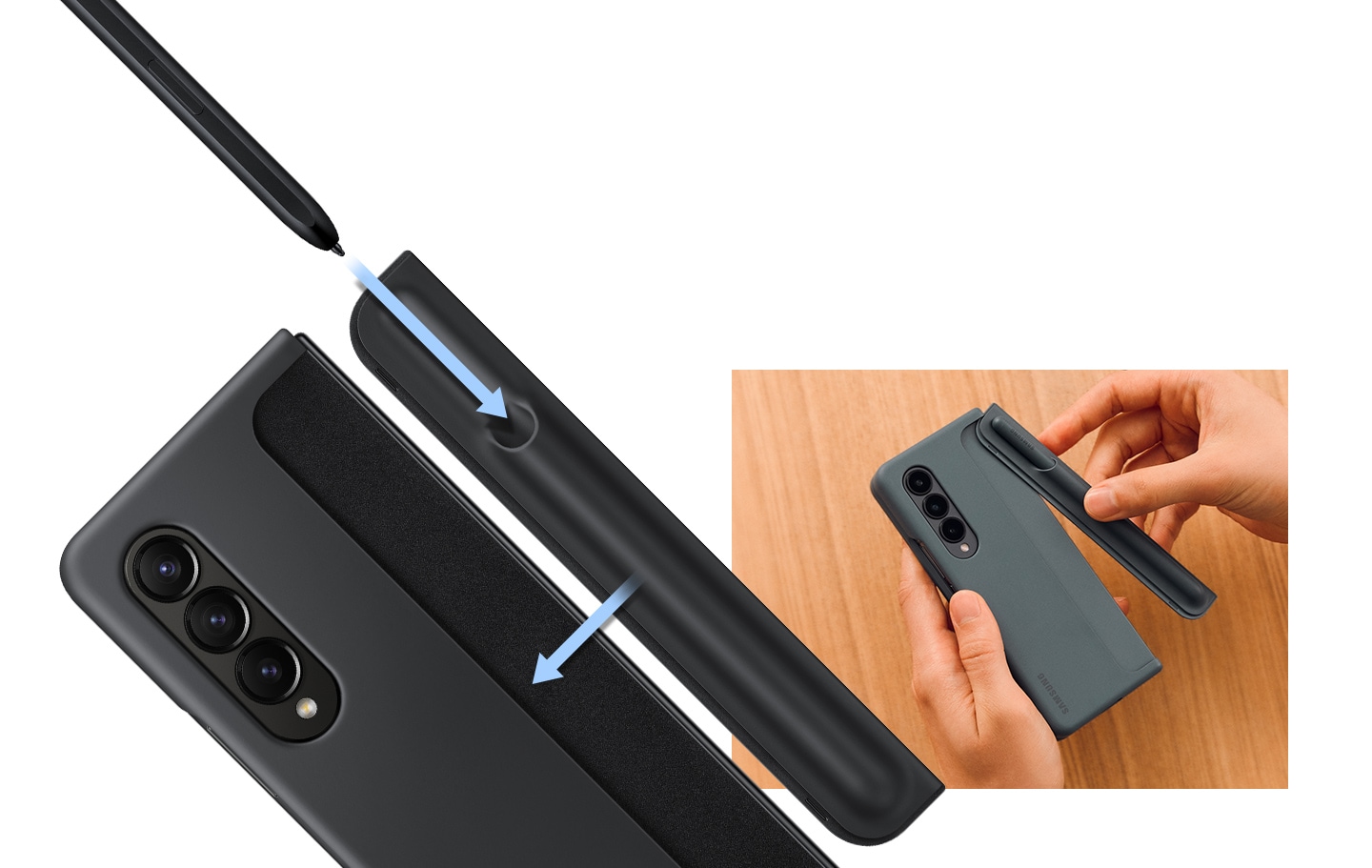 Ein Galaxy Z Fold4-Gerät in einem Standing Cover with Pen in Black zeigt seine Rückseite mit der abnehmbaren S Pen-Aufbewahrung und einem S Pen. Die Pfeile zeigen die Richtungen an, in die der S Pen und die S Pen-Aufbewahrung bewegt werden. Zwei Hände befestigen die abnehmbare S Pen-Aufbewahrung an der Rückseite des Covers.
