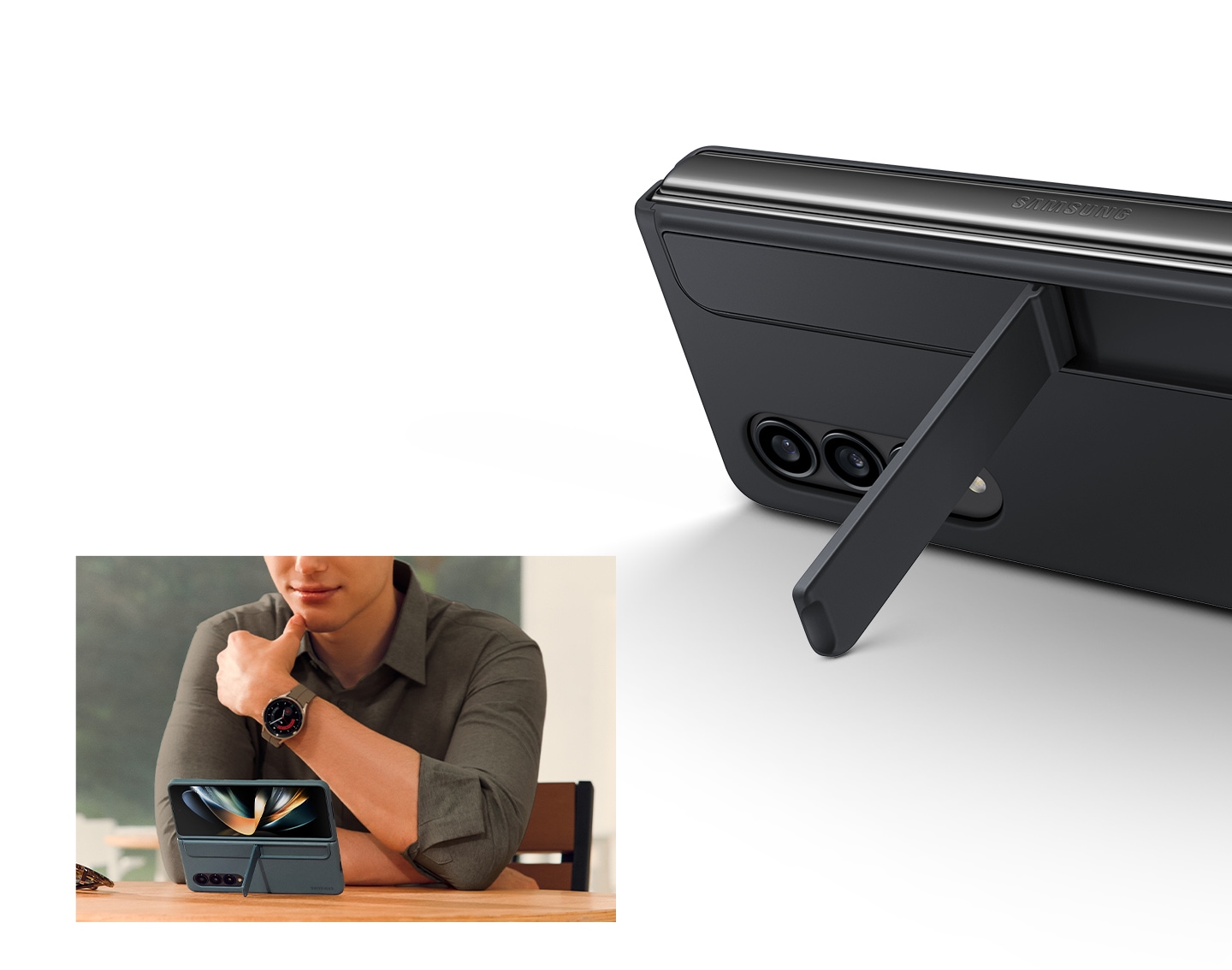 Ein Galaxy Z Fold4 in einem Standing Cover with Pen in Black zeigt seine Rückseite. Der Standfuß ist ausgeklappt und das Smartphone steht in einem komfortablen Betrachtungswinkel auf einer Fläche. Ein Mann betrachtet sein Galaxy Z Fold4, das mit ausgeklapptem Standfuß vor ihm auf einem Tisch steht. 