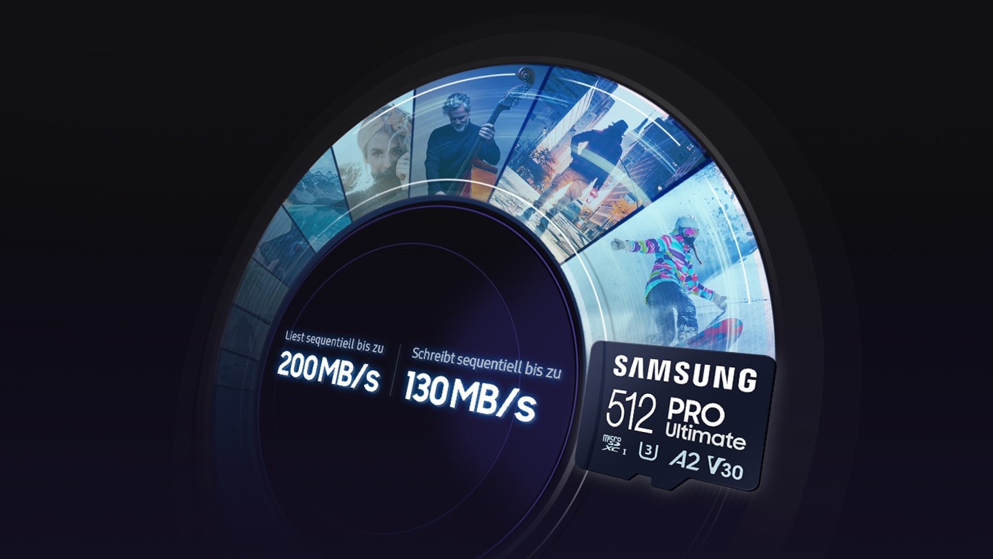 Visual in the shape of a speedometer with various action stills interspersed in between to highlight the impressive speed the Samsung microSD can perform. With sequential read and write speeds of up to 200MB/s and 130MB/s respectively, the Samsung microSD can skyrocket productivity and creativity.