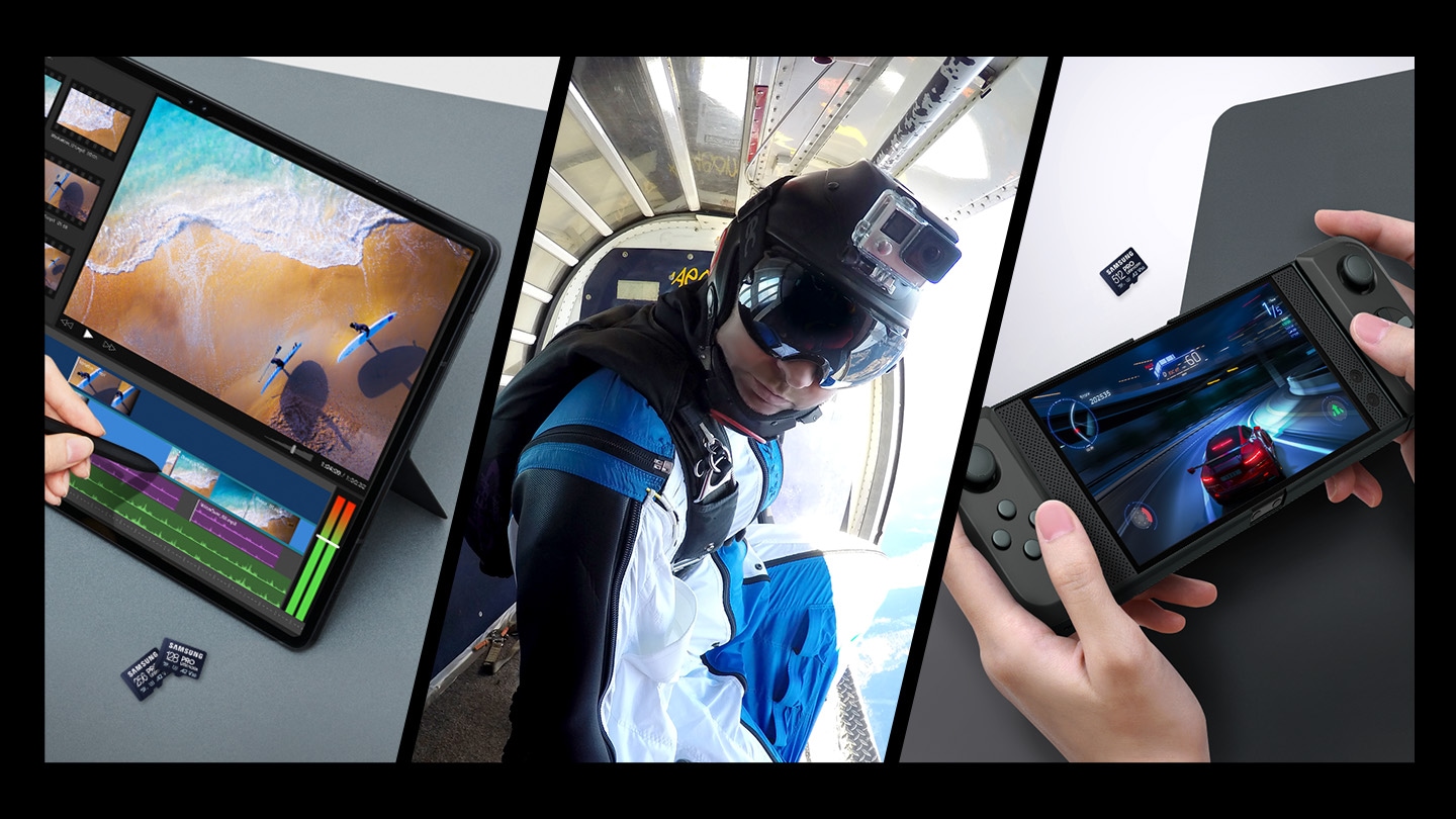 Three scenes to show how compatible the Samsung microSD card is with various devices, such as tablets, action cameras and handheld gaming consoles.