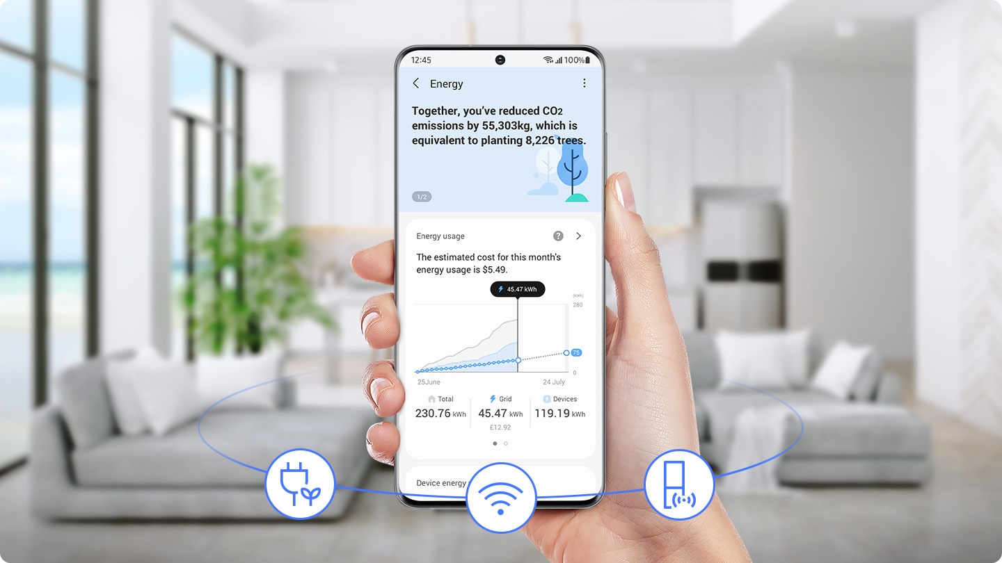SmartThings Energy notifică consumul total de energie al dispozitivului și rata de economisire pentru utilizarea eficientă a energiei.