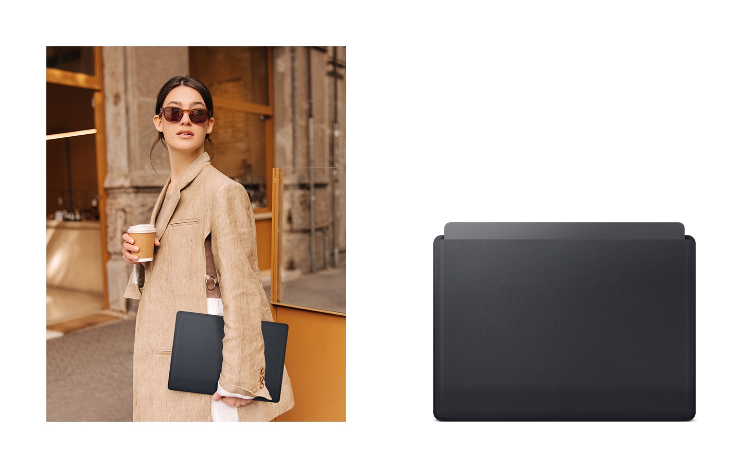 Eine stehende Frau in einem Blazer, mit einer Sonnenbrille und einer Galaxy Book3 Slim Tasche in der linken Hand. Unten rechts ist eine Galaxy Book3 Slim Tasche vollständig abgebildet.