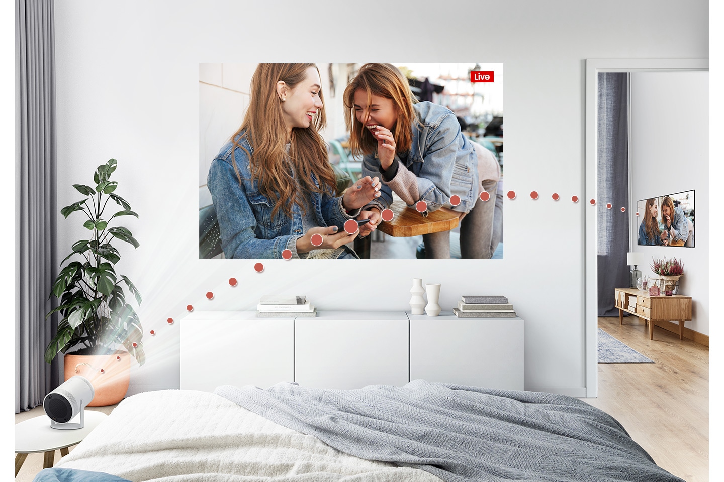 Wenn du deinen kompatiblen Samsung TV mit The Freestyle verbindest, kannst du die TV-Inhalte auf den Projektor übertragen und in jedem beliebigen Raum genießen.
