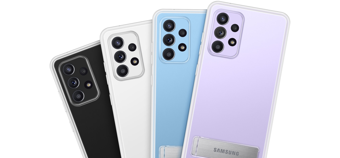 Man sieht 4 Clear Standing Cover für das Galaxy A52 | A52 5G in Black/White/Blue/Violet in einer Reihe aufgestellt.