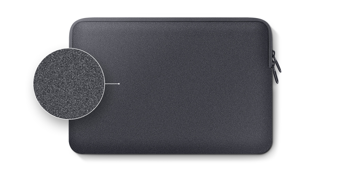 Neoprene Pouch seen from the front, with the zippers on the right side. A circle shows a close-up of the material.
