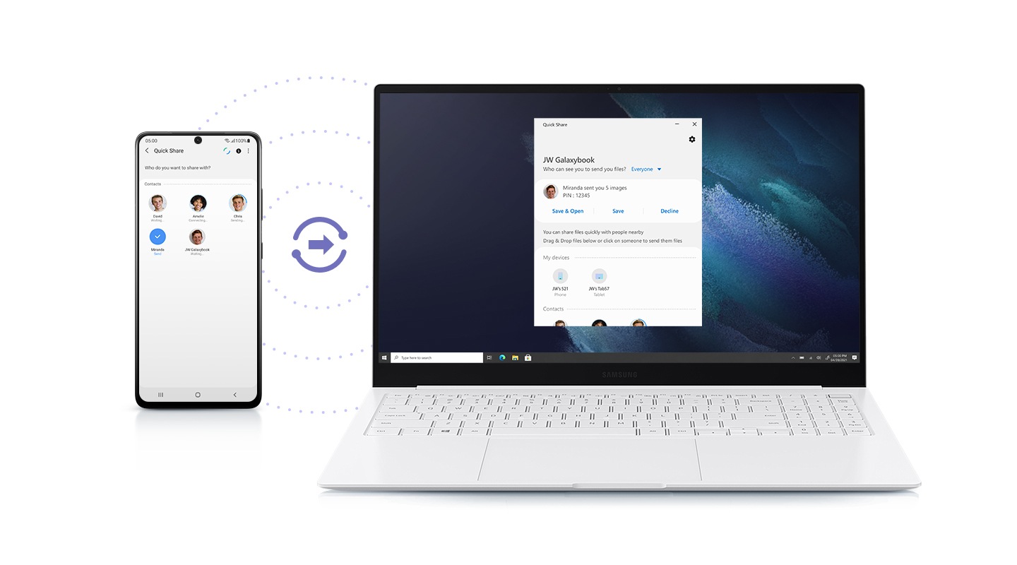 Galaxy Book Pro has a smartphone on its left to receive files. Photos of nearby people who can share files appear on the smartphone, and a photo of a sender pops-up on the laptop.