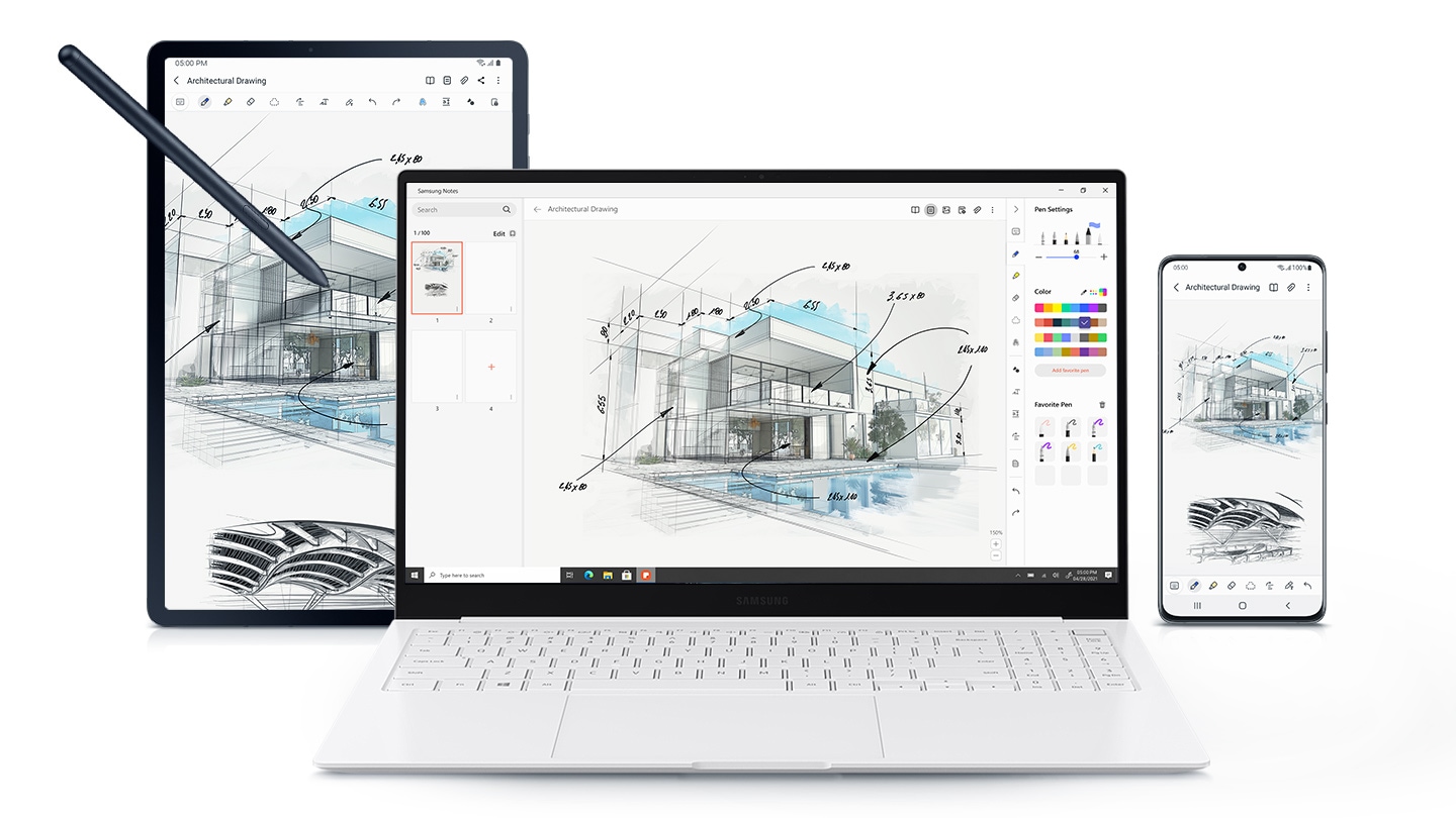 Behind the Galaxy Book Pro, a mobile phone and Galaxy Tab S7+ with an S Pen are placed side by side. Displayed on all three screens is an architectural drawing, demonstrating that the devices are synced.