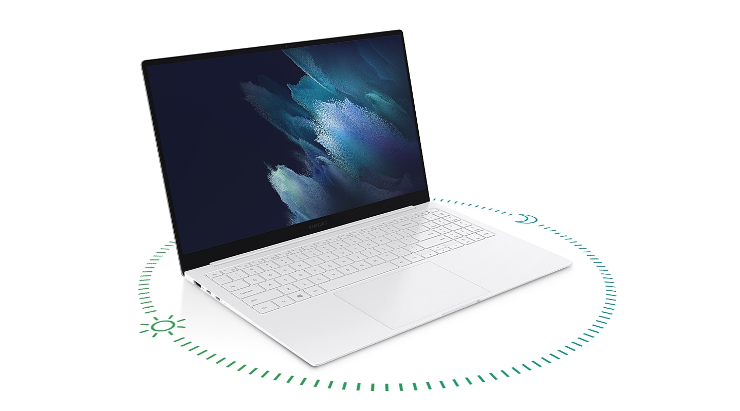 Galaxy Book Pro is lying on the ground with a green-colored circle around it.