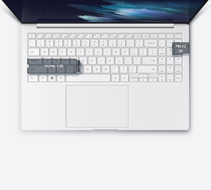 Black transparent shape of microSD and NVMe SSD are overlapped on the keyboard to show their place inside of the Galaxy Book Pro.