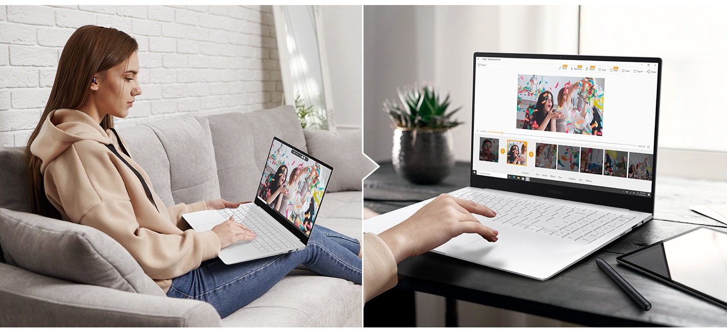 Two photos are shown side by side. In the first picture, a woman is watching a video that she recorded during a party sitting on her couch. Second picture shows a simple video editing process using Studio Plus.