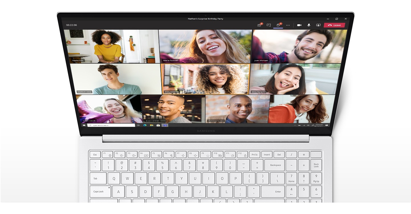 Appeared on the Galaxy Book Pro is a video call with 10 different participants smiling, talking, or making a gesture.