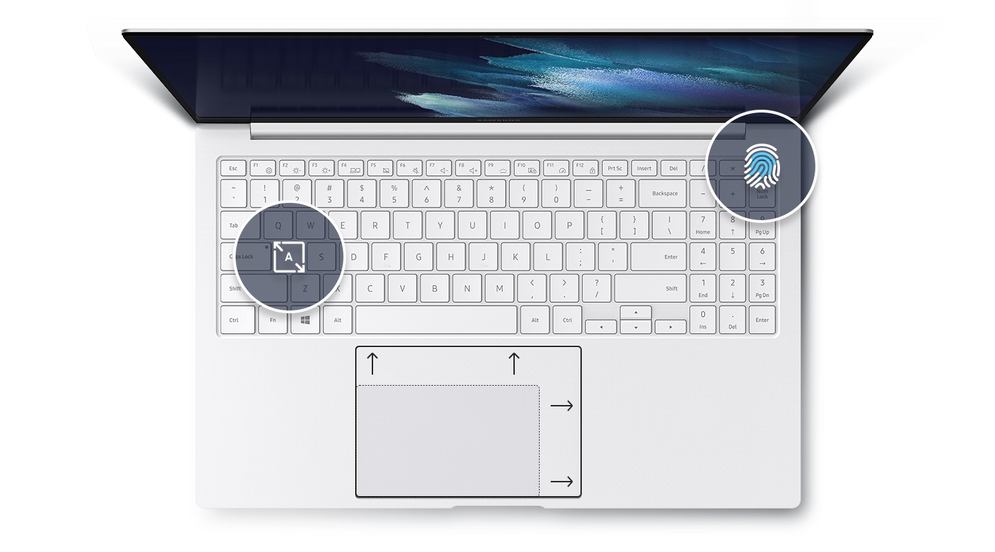 The Galaxy Book Pro's keyboard with a fingerprint icon for secure logins and a wide key icon. Surrounding the touchpad are arrows going outwards to signify the boosted size of touchpad.